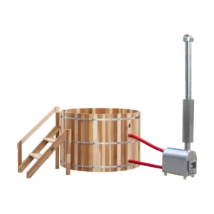 Cedar hot tub with timber steps and an external wood fired heater