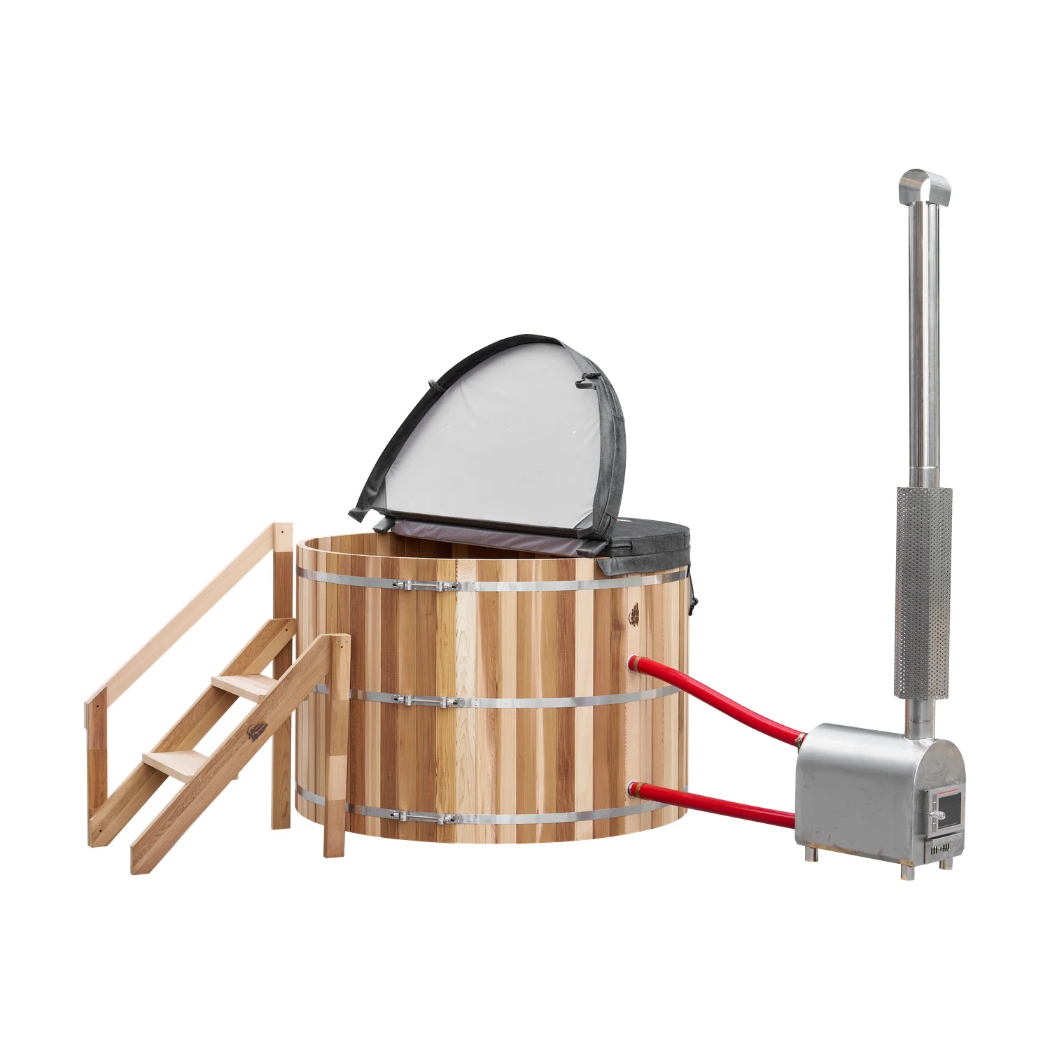 Cedar hot tub with the thermal cover lifted open