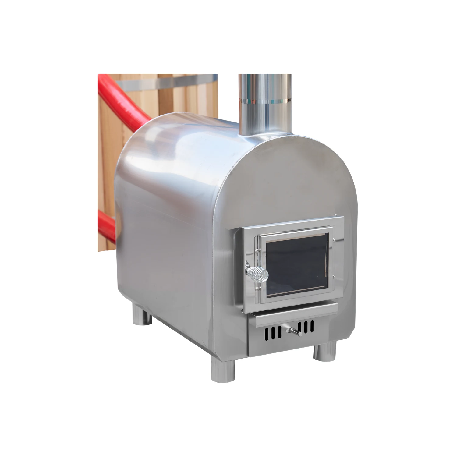 External stainless steel wood fired heater for the hot tub