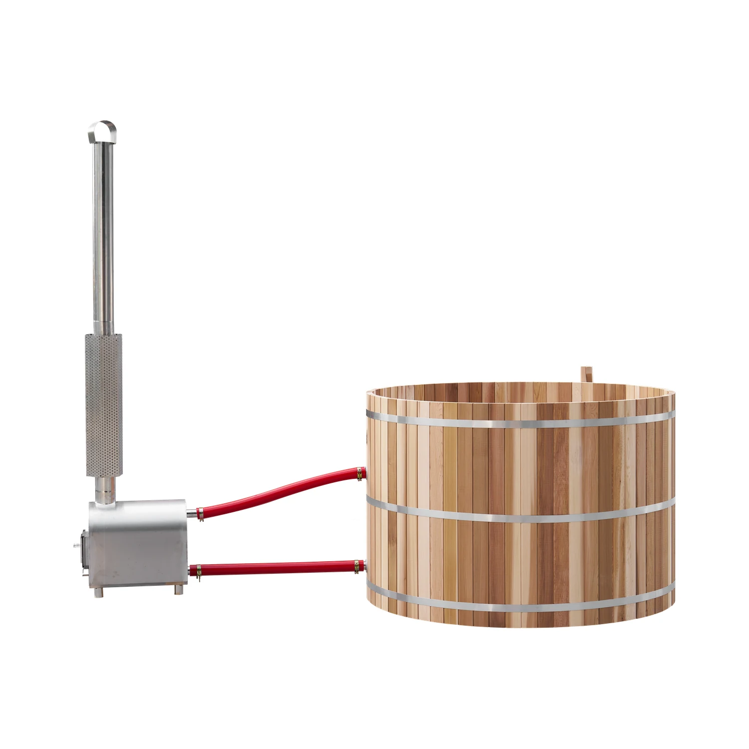 Side view of the hot tub with the wood fired heater beside it