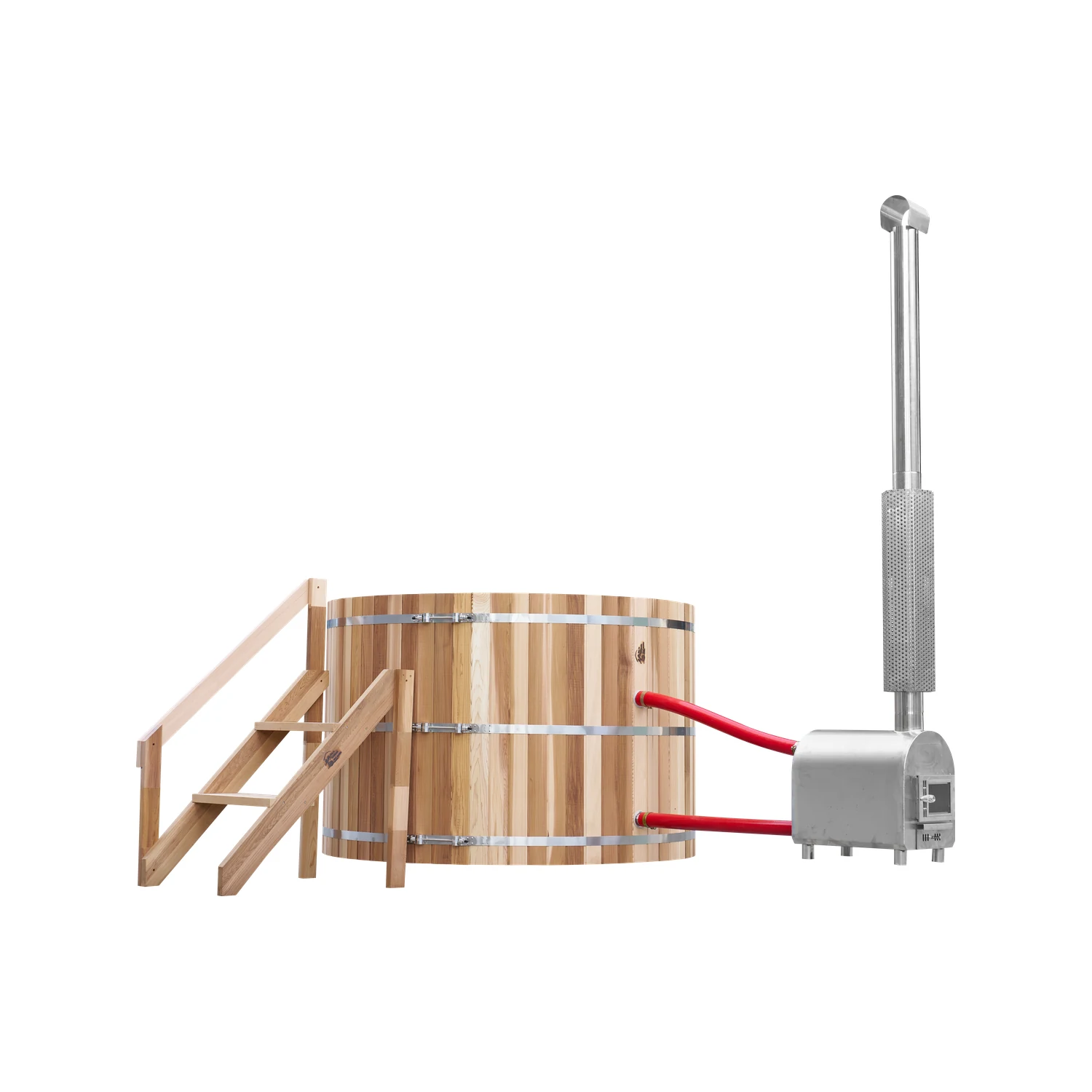 Cedar hot tub with timber steps and external wood fired heater