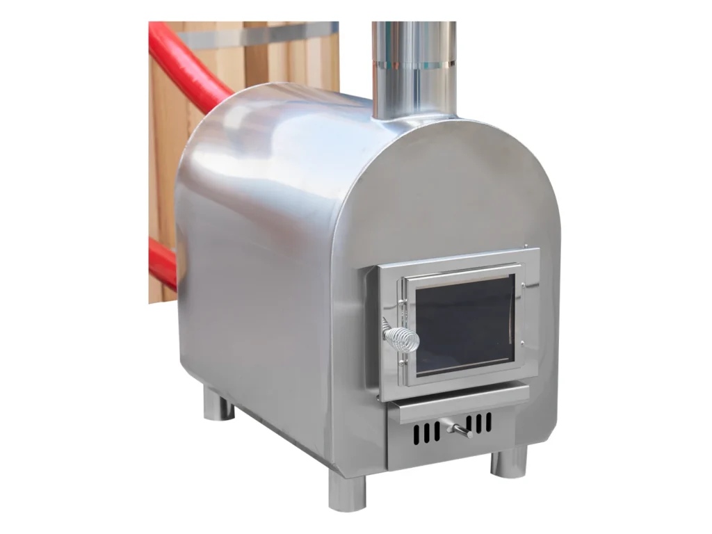 Stainless steel wood fired hot tub heater with the firebox door closed
