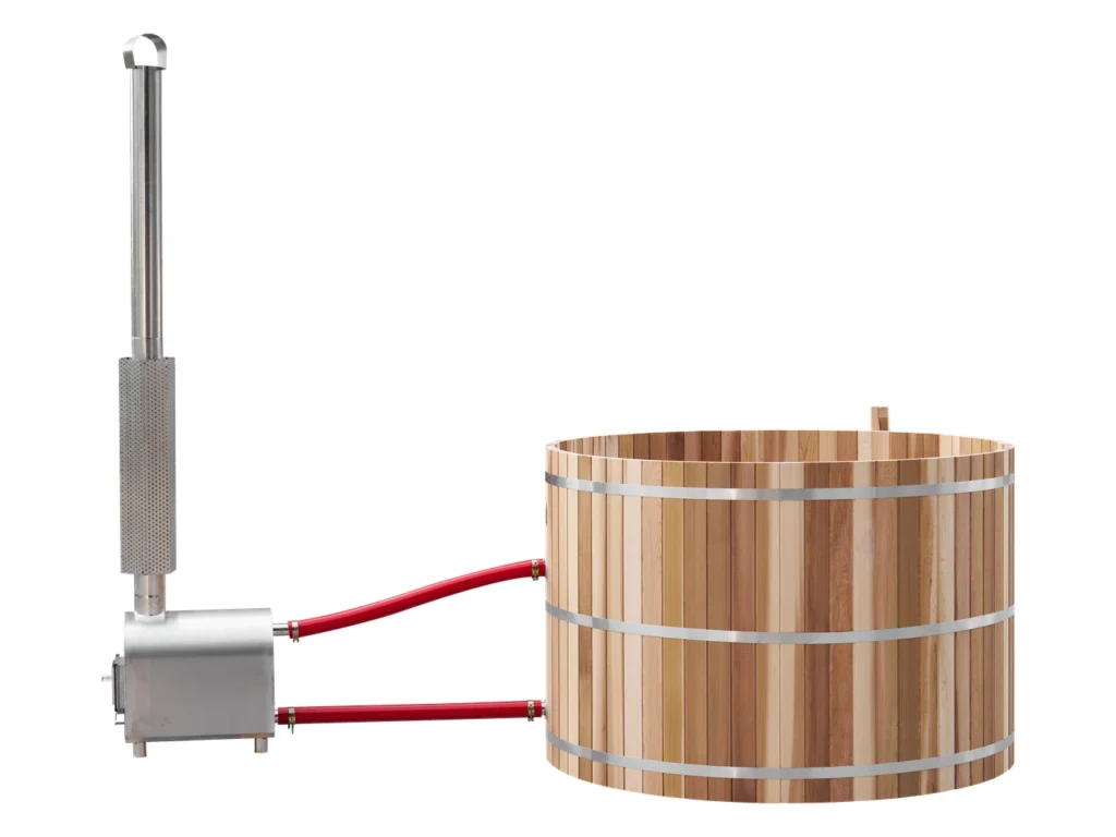 Side view of the hot tub with the wood fired heater standing beside it