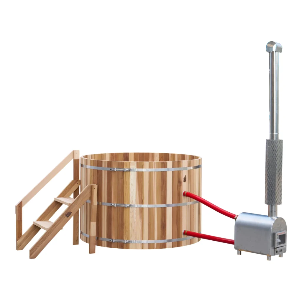 Cedar hot tub with steps and external wood fired heater