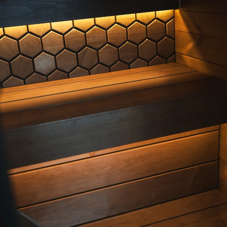 Leil Viva 120 sauna bench and lit hexagon wall