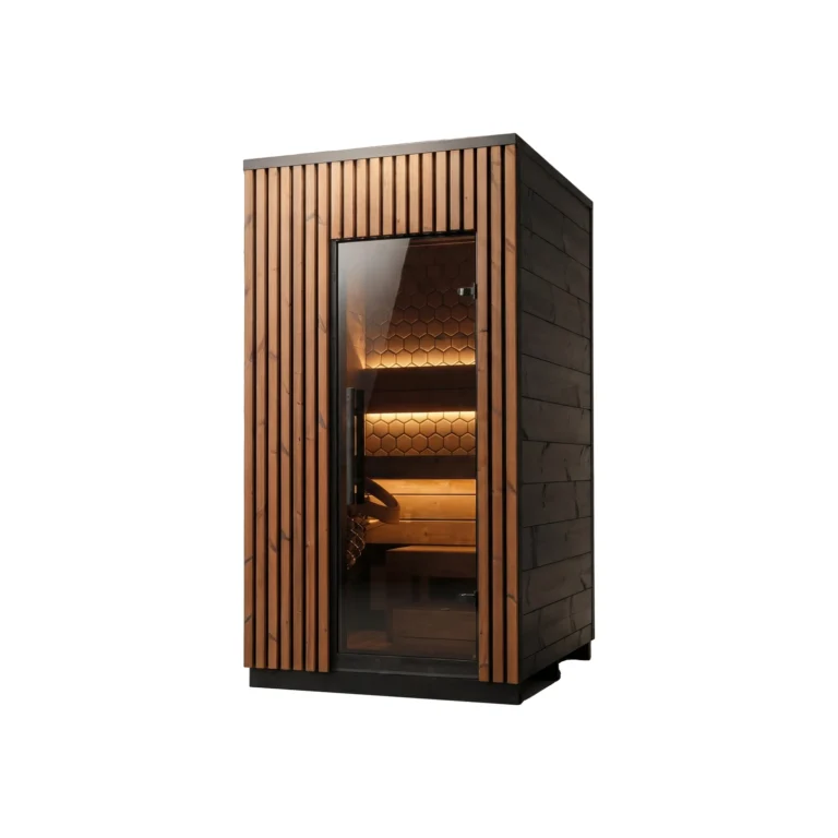 Leil Viva 120 outdoor sauna, angled view