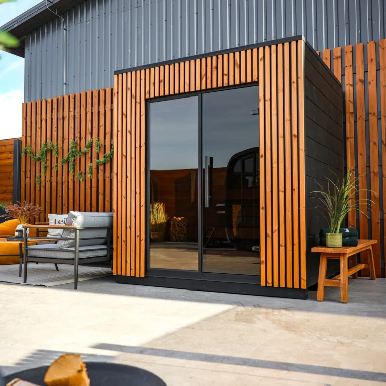 Leil Viva 210 outdoor sauna on a patio