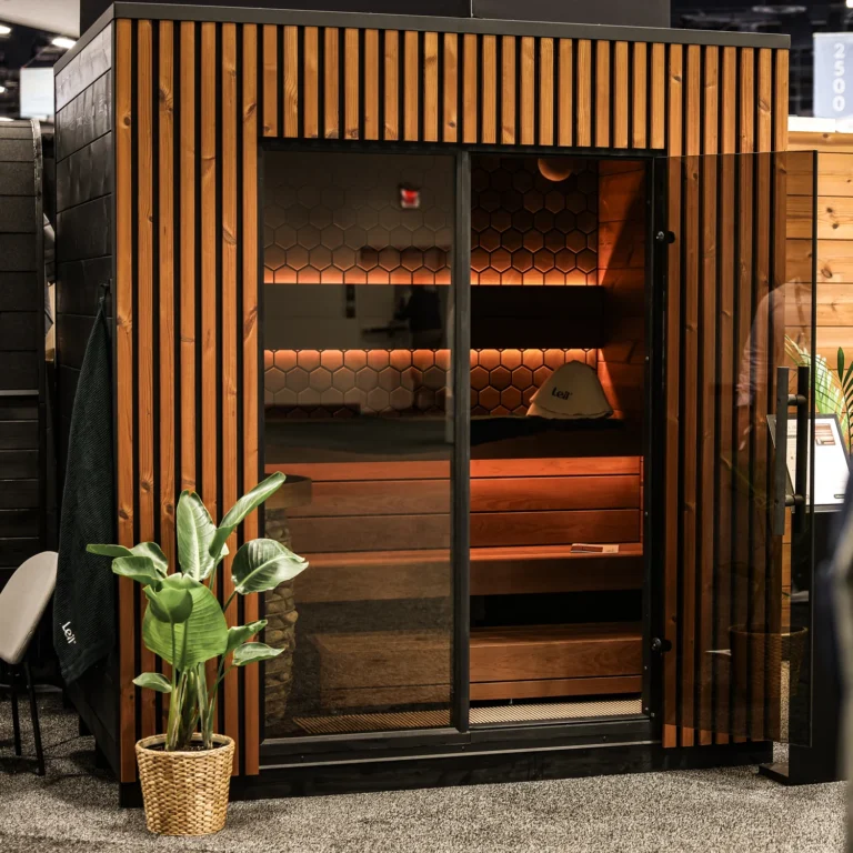 Leil Viva 210 outdoor sauna on display, angled view