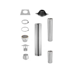 Silver stainless steel sauna chimney set with insulated flue sections, rain cap, roof flashing, ceiling trim plate and clamps