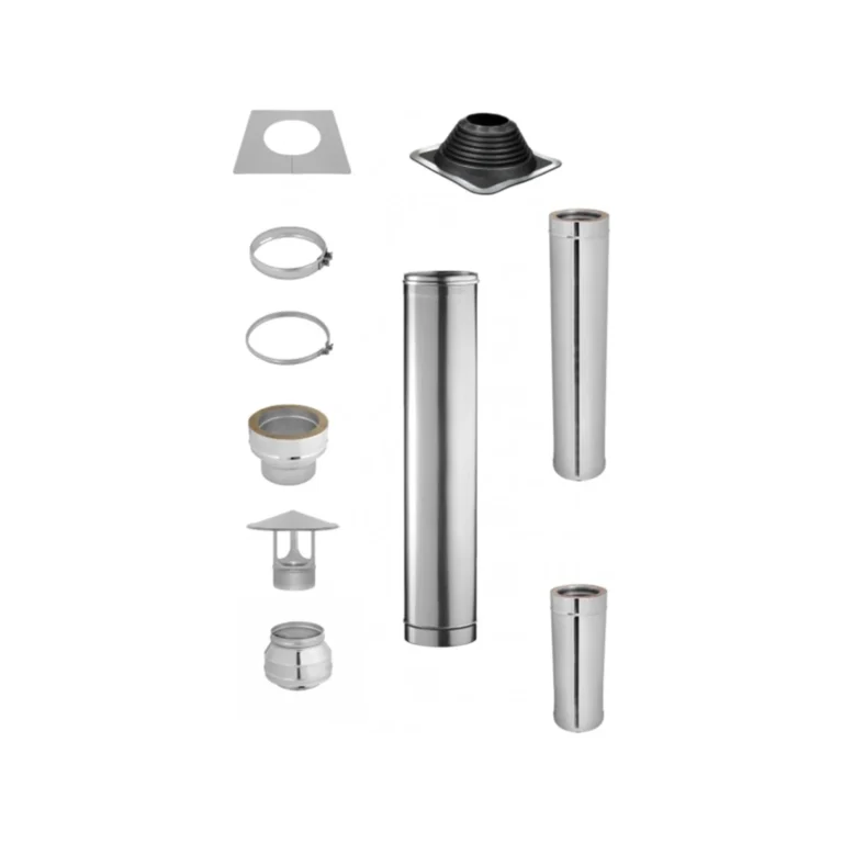 Silver stainless steel sauna chimney set with insulated flue sections, rain cap, roof flashing, ceiling trim plate and clamps