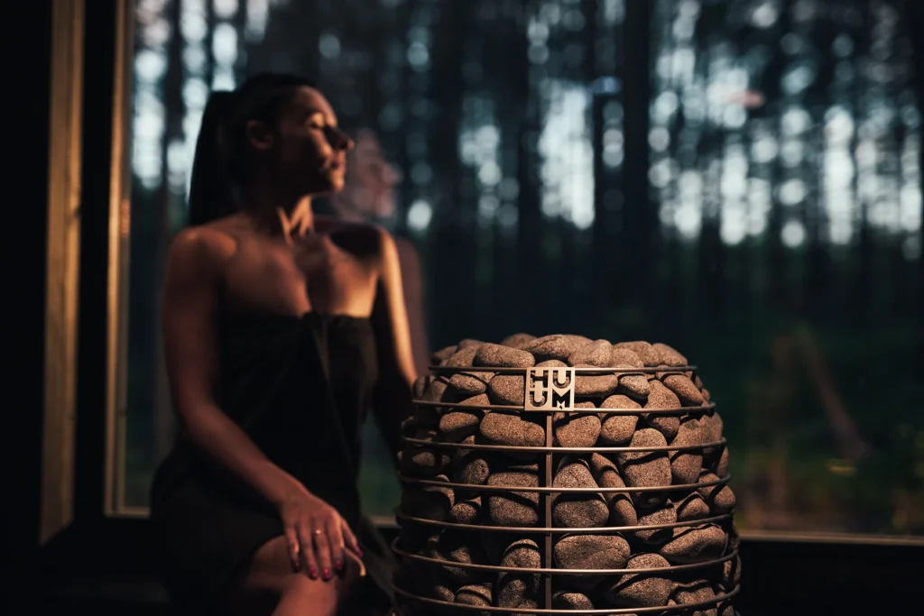 HUUM HIVE Mini heater in a dark sauna with a forest view