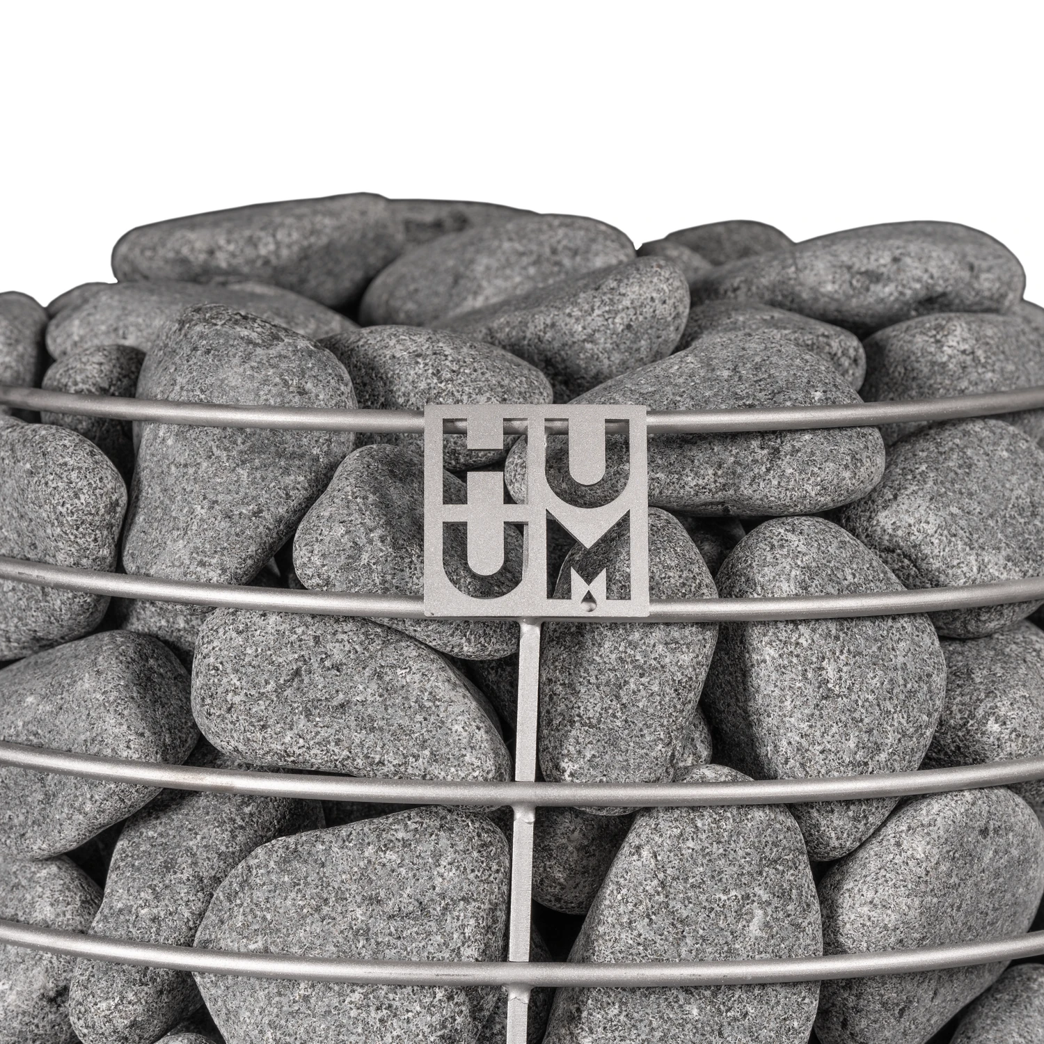 Close up of the stainless steel arcs and HUUM logo on the HIVE Mini heater