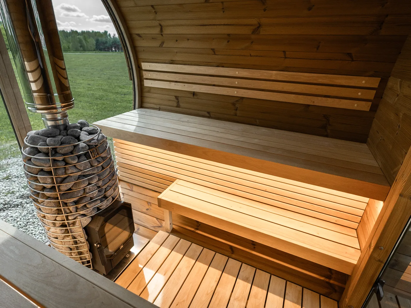 Two level alder benches inside the Lerra Plus