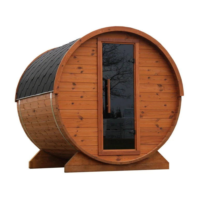 Leil Lerra PURE barrel sauna on a white background, thermo pine staves, black shingle roof and full length glass door