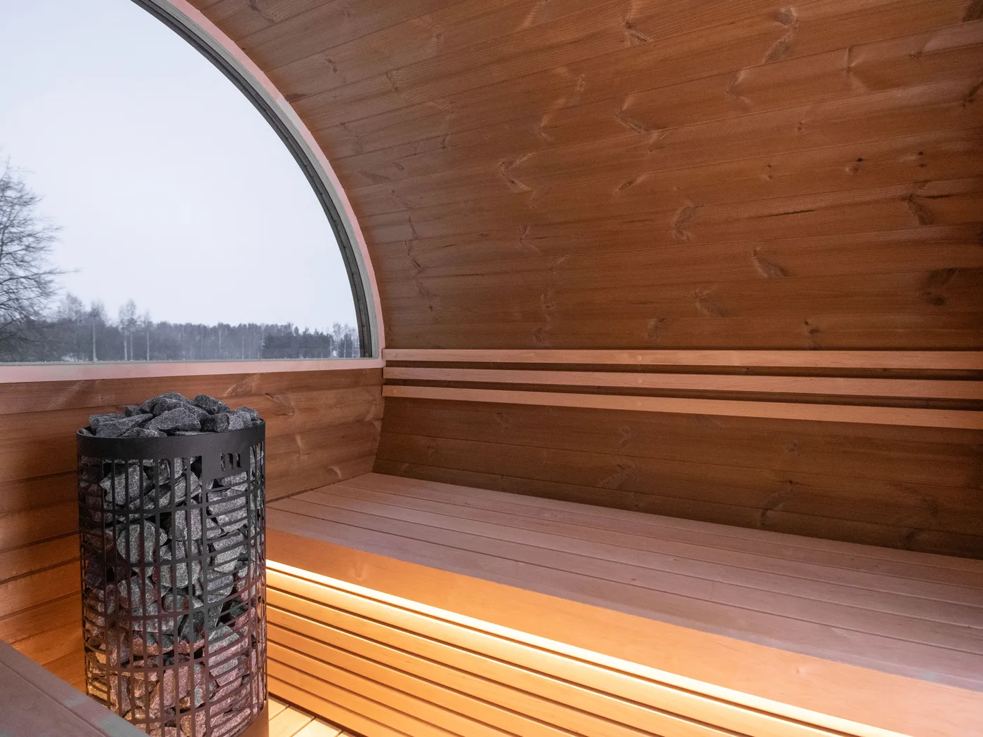 Alder bench and timber walls inside the Lerra Pure