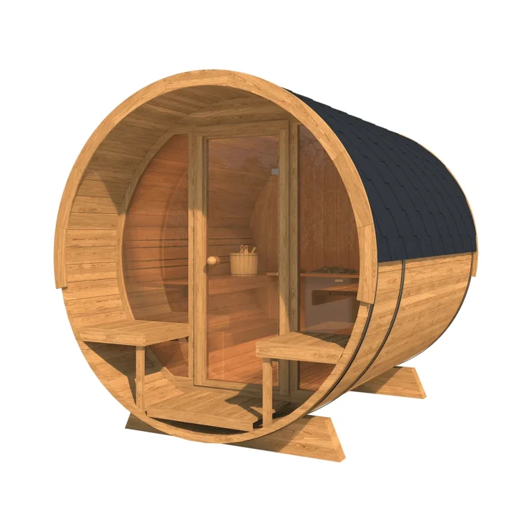 SUMMIT thermo spruce barrel sauna, front view with the glass door and split level benches