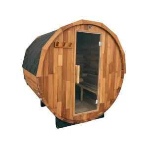Western red cedar barrel sauna for two to four people, front view with glass door