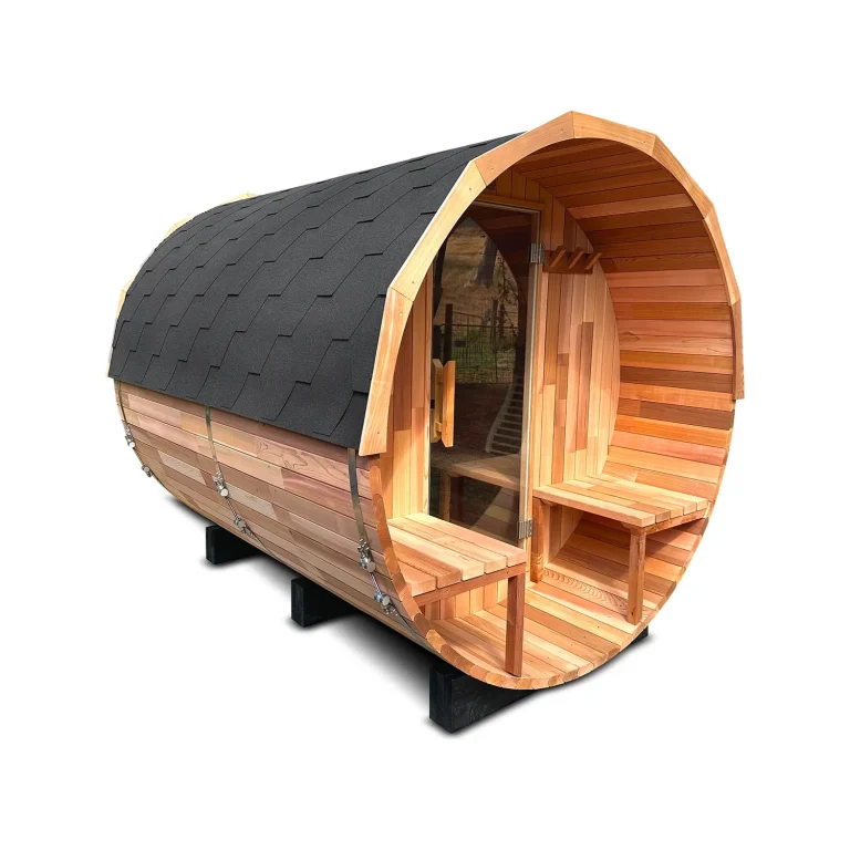 Western red cedar barrel sauna with front porch, four person, side view