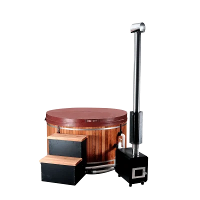 Outdoor Cedar Hot Tub With External Firewood Heater, Pump, Filtration System and Cover