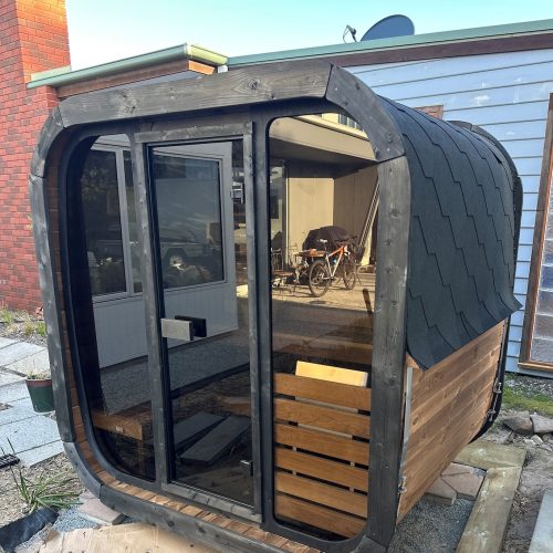Recently installed Outdoor Sauna UNION 160 thermo-treated spruce in Hawley Beach TAS