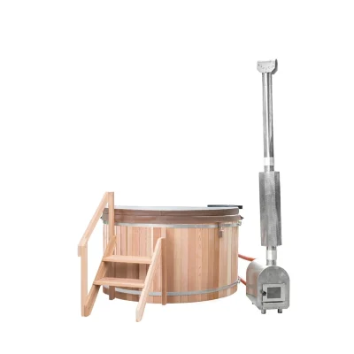 Outdoor Cedar or Thermowood Hot Tub With External Firewood Heater and Cover